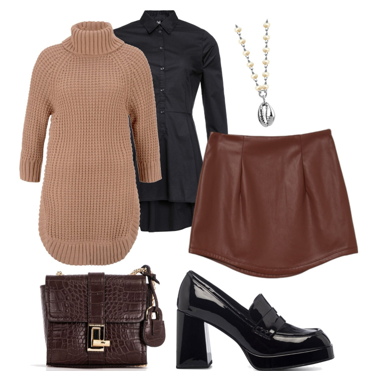 Outfit donna - Trend: camicia sotto il dolcevita. Stile Glamour per Tutti i giorni. Abbinamento con camicie, maglieria, ciondoli, borse a mano, minigonne, mocassini.