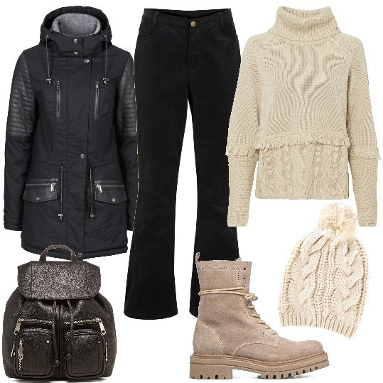 Outfit donna - Back to Uni!. Stile Casual chic per Scuola/Università. Abbinamento con pantaloni, maglieria, parka, berretti, stivaletti, zaini.