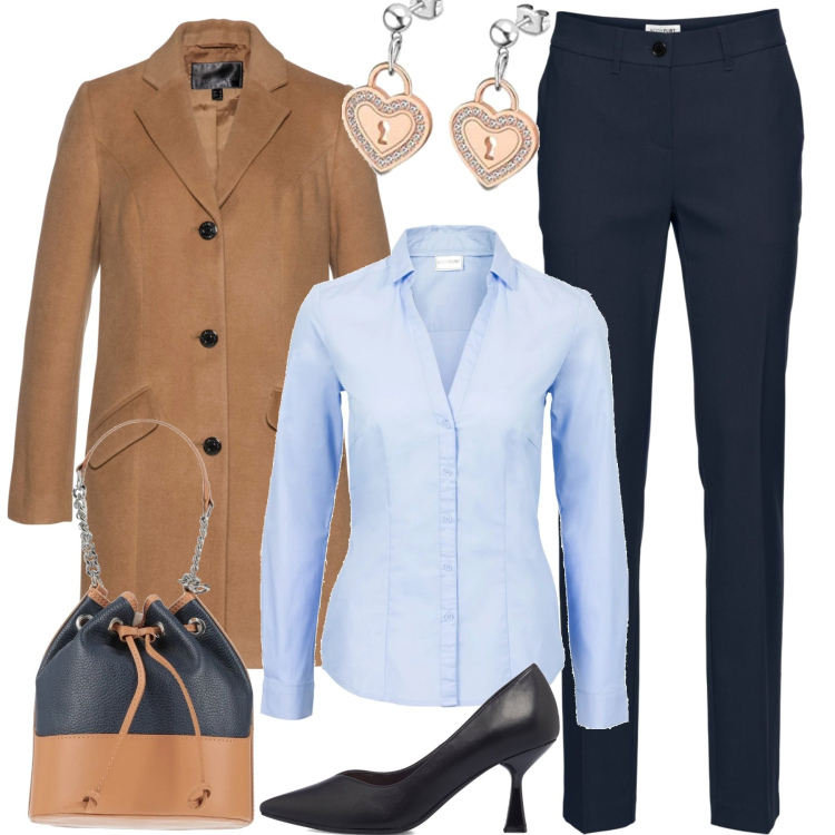 Outfit donna - In ufficio. Stile Casual chic per Tutti i giorni. Abbinamento con camicie, pantaloni, cappotti, borse a mano, décolleté, orecchini.