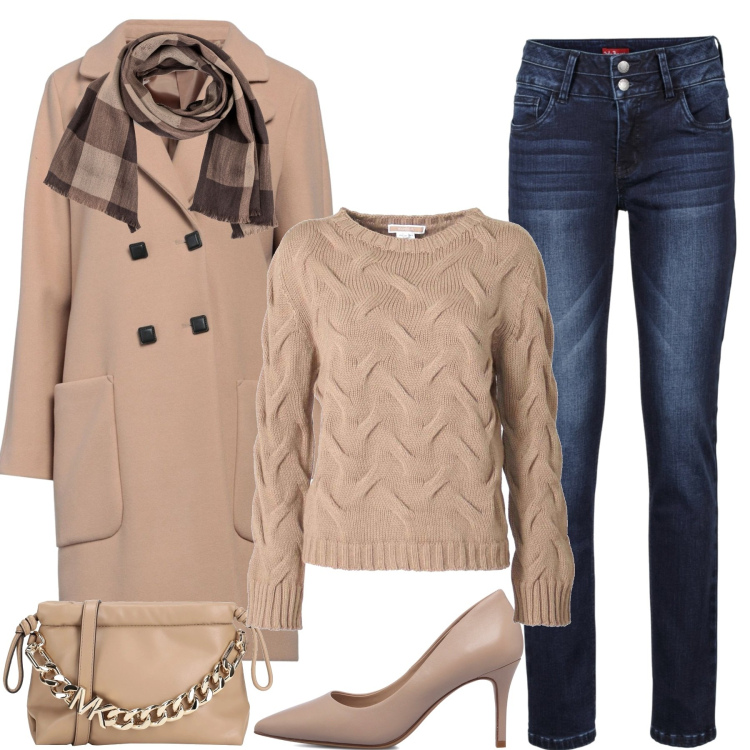 Outfit donna - Minimal #134. Stile Minimal per Tutti i giorni. Abbinamento con jeans, cappotti, borse a tracolla, sciarpe, maglieria, décolleté.