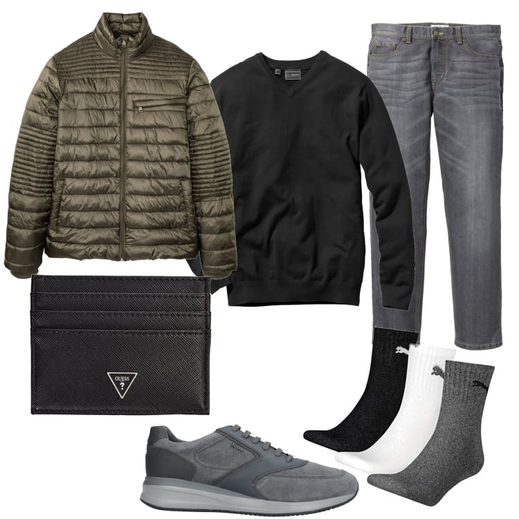 Outfit uomo - Basic. Stile Casual per Tutti i giorni. Abbinamento con jeans dritti, maglieria, giacche, sneakers, portafogli, calzini.