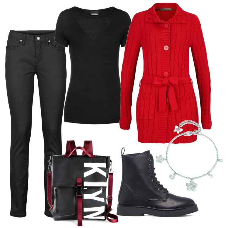 Outfit donna - Pronta. Stile Urban per Scuola/Università. Abbinamento con jeans, zaini, cardigans, maglieria, braccialetti, anfibi.