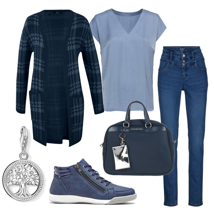Outfit donna - L\'albero. Stile Urban per Tutti i giorni. Abbinamento con sneakers alte, cardigans, jeans slim fit, top, borse a mano, ciondoli.