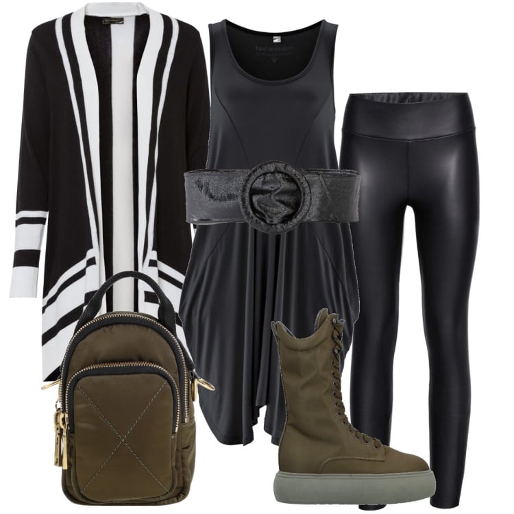 Outfit donna - Trendy a scuola. Stile Trendy per Scuola/Università. Abbinamento con leggings, top, cinture, cardigans, stivali, borse a mano.