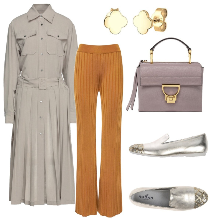 Outfit donna - L’abito lungo a chemisier. Stile Casual chic per Tutti i giorni. Abbinamento con camicie, mocassini, borse a mano, pantaloni, orecchini.