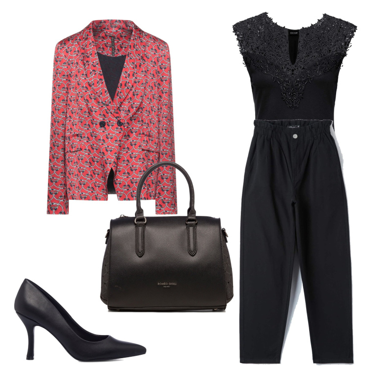 Outfit donna - Formale con poco. Stile Urban per Ufficio. Abbinamento con top, blazer, pantaloni, borse a mano, décolleté.