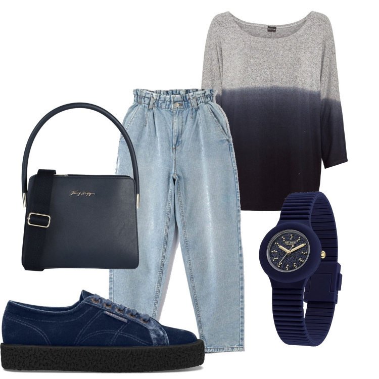 Outfit donna - Comoda in blu. Stile Basic per Tutti i giorni. Abbinamento con borse a mano, maglieria, jeans, orologi, sneakers.