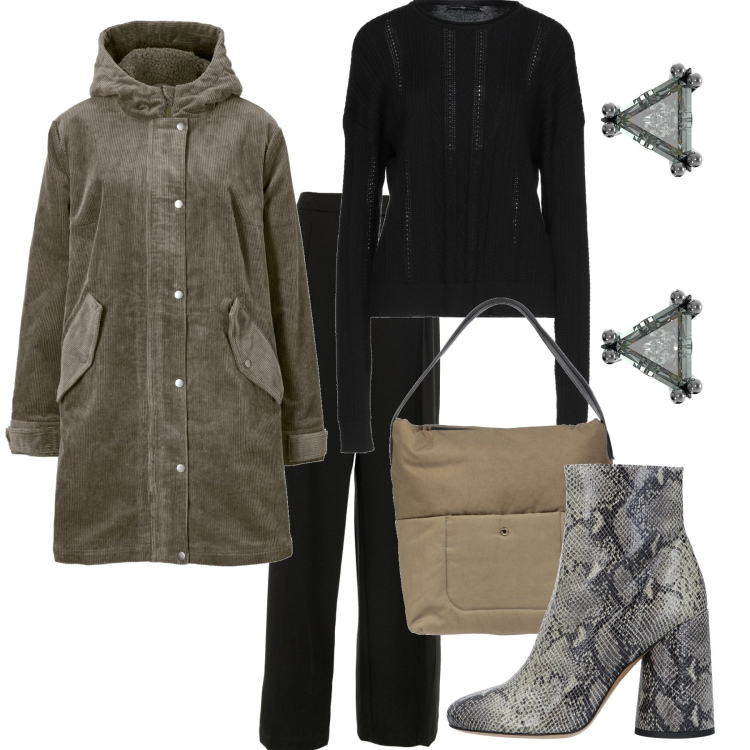 Outfit donna - Total look #1513388. Stile Casual chic per Ufficio. Abbinamento con parka, stivaletti, borse a mano, pullovers, orecchini, pantaloni.