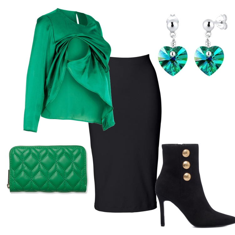 Outfit donna - In città. Stile Casual chic per Tutti i giorni. Abbinamento con gonne longuette, bluse, stivaletti, portafogli, orecchini.