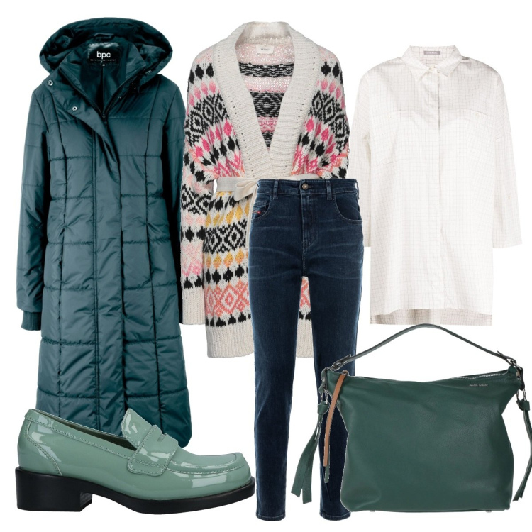 Outfit donna - Over 50 comodissima. Stile Casual chic per Tutti i giorni. Abbinamento con blazer, cardigans, borse a mano, mocassini, jeans, camicie.