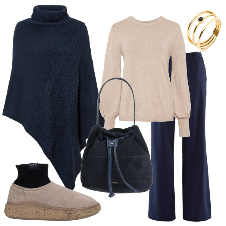 Outfit donna - Mantella, secchiello e slip on. Stile Basic per Tutti i giorni. Abbinamento con stivaletti, borse a mano, pantaloni, maglieria, cinture, anelli.