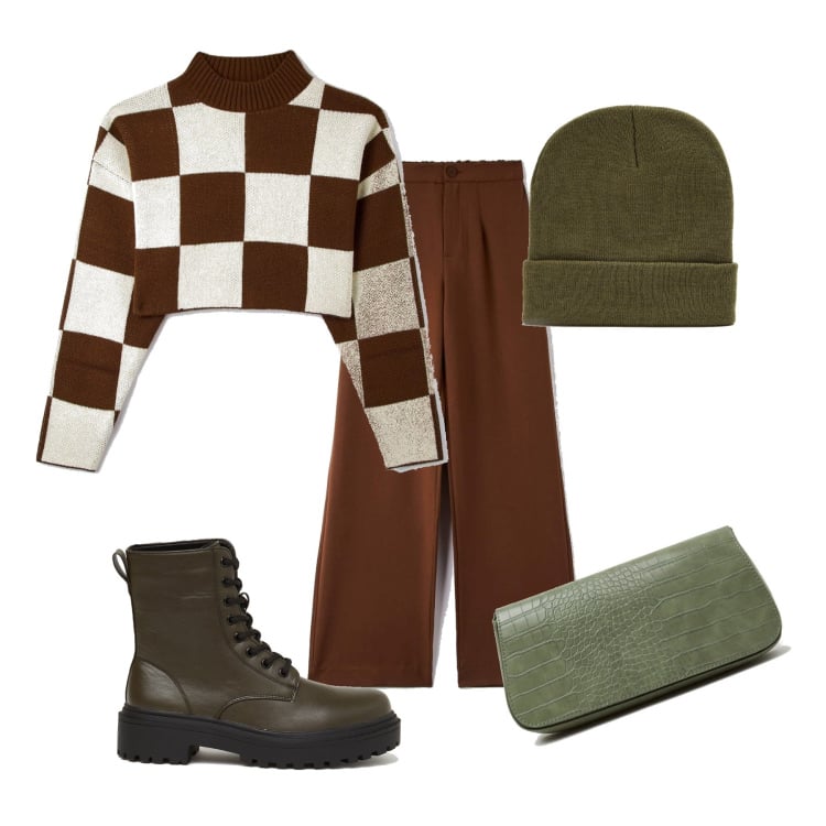 Outfit donna - Marrone e verde. Stile Casual per Tutti i giorni. Abbinamento con maglieria, pantaloni, cappelli con visiera, borse a spalla, anfibi.