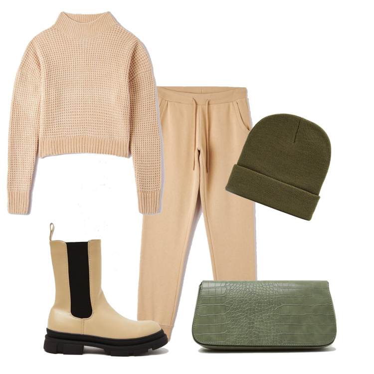Outfit donna - Beige e verde. Stile Casual per Tutti i giorni. Abbinamento con pantaloni, maglieria, cappelli con visiera, stivali, borse a spalla.