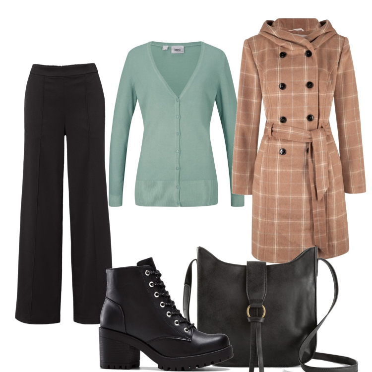 Outfit donna - Semplice basic. Stile Basic per Tutti i giorni. Abbinamento con stivaletti, borse a tracolla, cardigans, cappotti, pantaloni a palazzo.