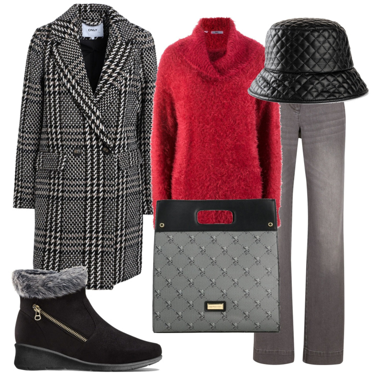 Outfit donna - Cappotto urban. Stile Basic per Ufficio. Abbinamento con cappelli con visiera, maglieria, jeans a zampa, stivaletti, cappotti, borse a mano.