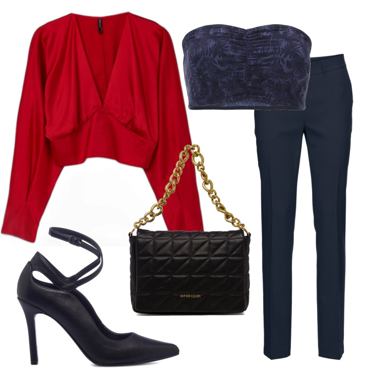 Outfit donna - La blusa rossa. Stile Trendy per Serata fuori. Abbinamento con pantaloni, bluse, top, borse a tracolla, décolleté.