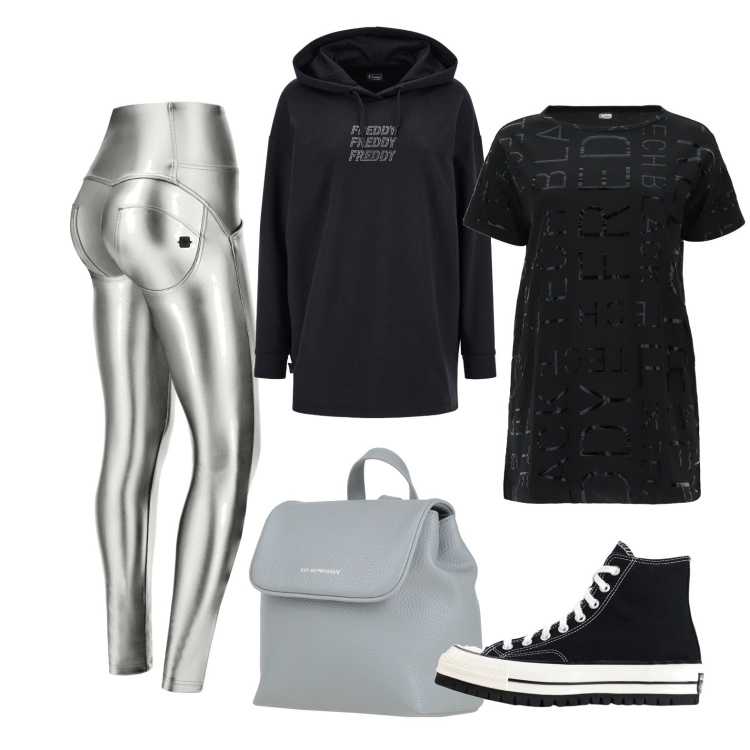 Outfit donna - Argento vivo (veg ok). Stile Urban per Tutti i giorni. Abbinamento con sneakers, zaini, felpe con cappuccio, t-shirt, pantaloni skinny.