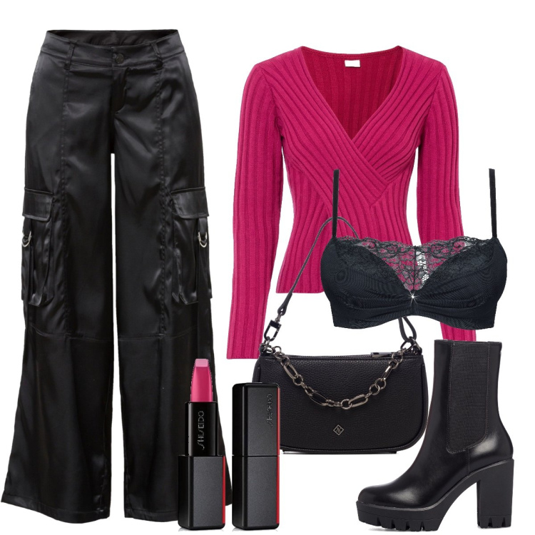 Outfit donna - Tasche a vista. Stile Trendy per Serata fuori. Abbinamento con reggiseni push-up, maglieria, pantaloni, borse a tracolla, stivaletti, rossetti.
