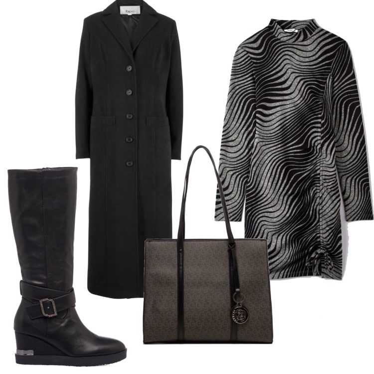 Outfit donna - Trendy #1598. Stile Trendy per Tutti i giorni. Abbinamento con cappotti, vestiti corti, stivali, borse a spalla.