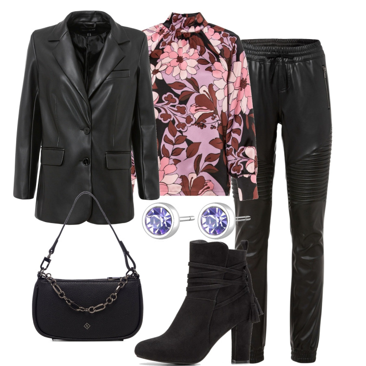 Outfit donna - La blusa fantasia sui pant ecopelle. Stile Trendy per Tutti i giorni. Abbinamento con blazer, camicie, pantaloni, stivaletti, orecchini, borse a tracolla.