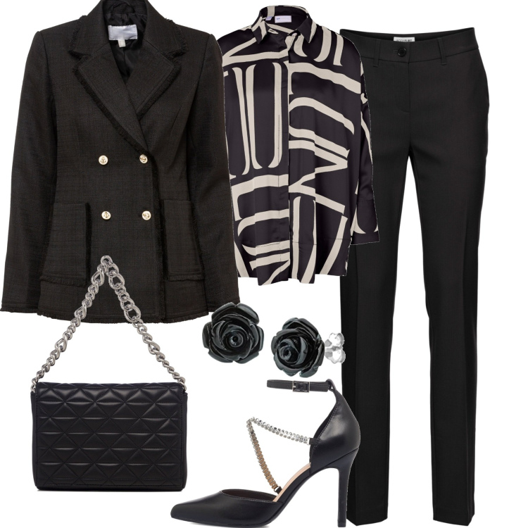 Outfit donna - Elegante. Stile Casual chic per Tutti i giorni. Abbinamento con pantaloni, camicie, blazer, décolleté, borse a tracolla, orecchini.