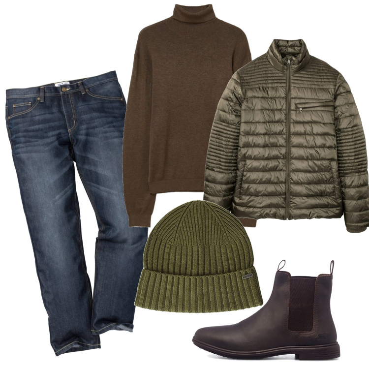 Outfit uomo - Casual al caldo. Stile Casual per Tutti i giorni. Abbinamento con jeans dritti, giacche, pullovers, stivali e stivaletti, berretti.