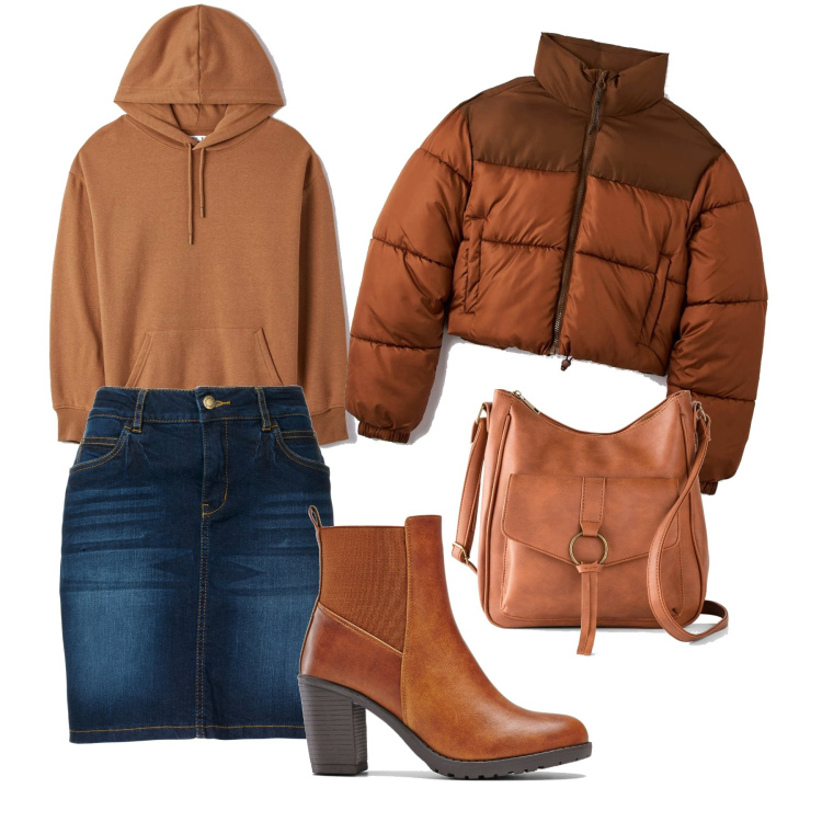 Outfit donna - La gonna in jeans. Stile Urban per Tutti i giorni. Abbinamento con gonne, borse a tracolla, stivaletti, felpe con cappuccio, piumini.