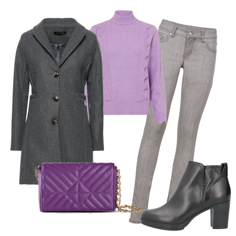 Outfit donna - Ancora viola. Stile Urban per Tutti i giorni. Abbinamento con jeans skinny, maglieria, borse a mano, cappotti, stivaletti.