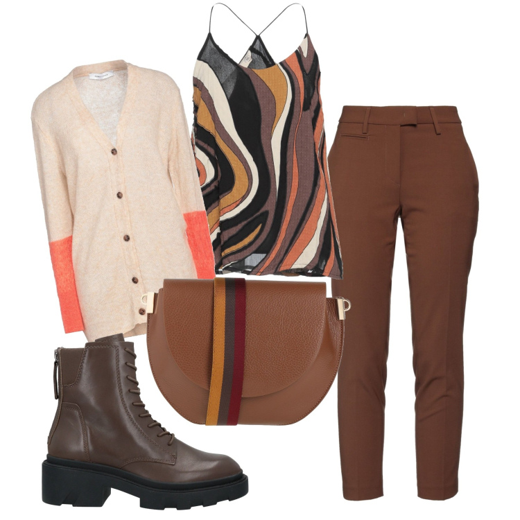 Outfit donna - Un top optical. Stile Bon Ton per Tutti i giorni. Abbinamento con stivaletti, top, pantaloni, cardigans, borse a tracolla.