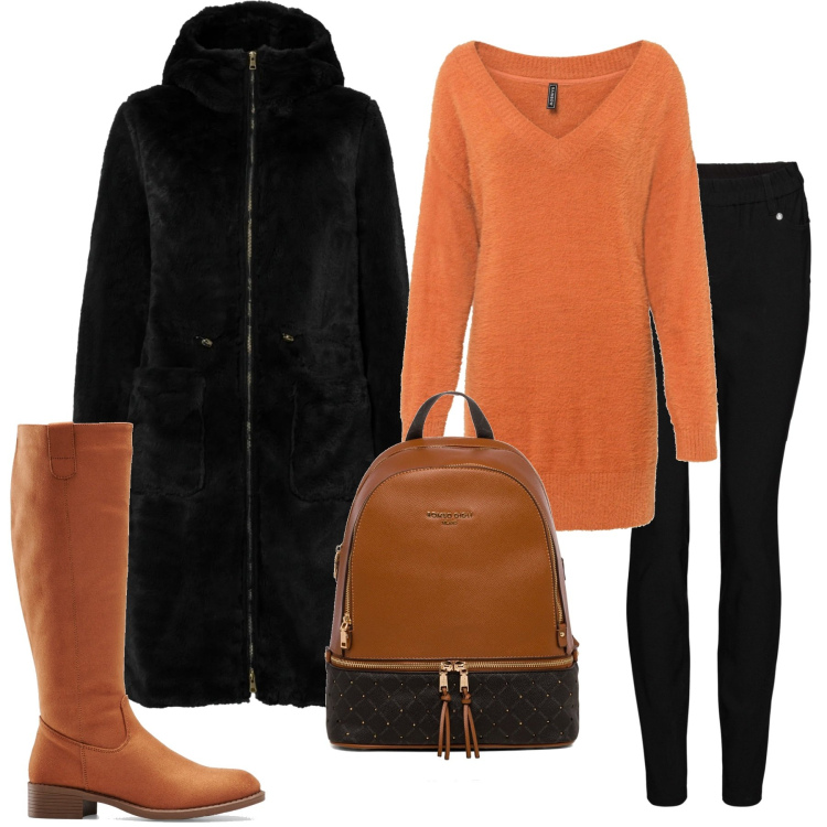 Outfit donna - Pellicciotto caldo. Stile Casual per Scuola/Università. Abbinamento con stivali, maglieria, ecopellicce, pantaloni skinny, zaini.