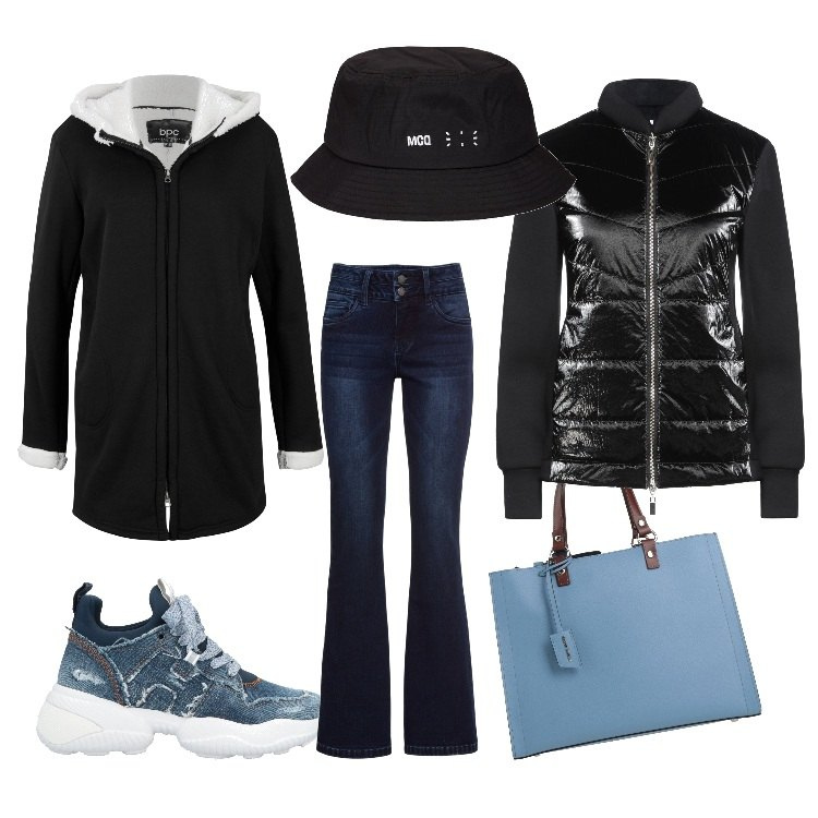 Outfit donna - Casual in gennaio. Stile Casual per Tutti i giorni. Abbinamento con felpe, jeans bootcut, sneakers, giacche, borse a mano, cappelli.