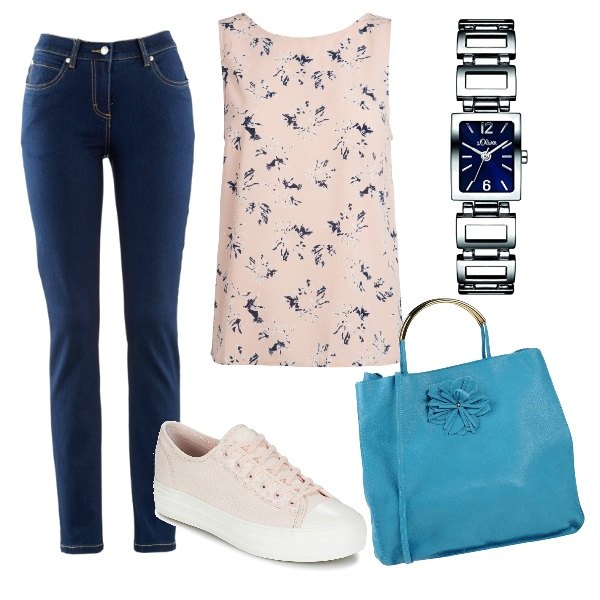 Outfit donna - CMPS day. Stile Basic per Tutti i giorni. look ideale per Petite. Abbinamento con jeans dritti, borsa a mano taglia media con zip tinta unita, scarpe in cotone rosa, blusa con stampa senza maniche pastello, orologio con cinturino argento.