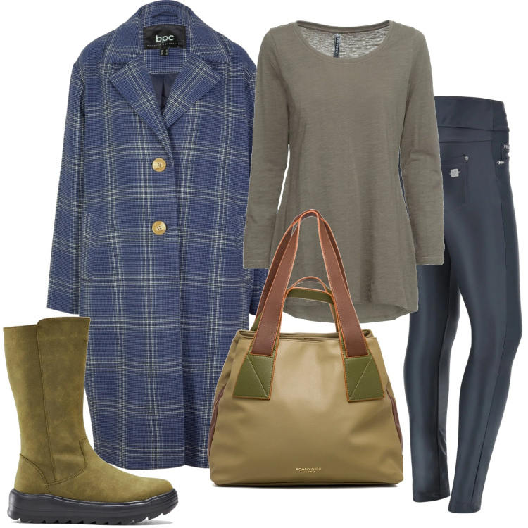 Outfit donna - Il cappotto bluette. Stile Casual per Tutti i giorni. Abbinamento con maglieria, stivali, cappotti, pantaloni skinny, borse a spalla.