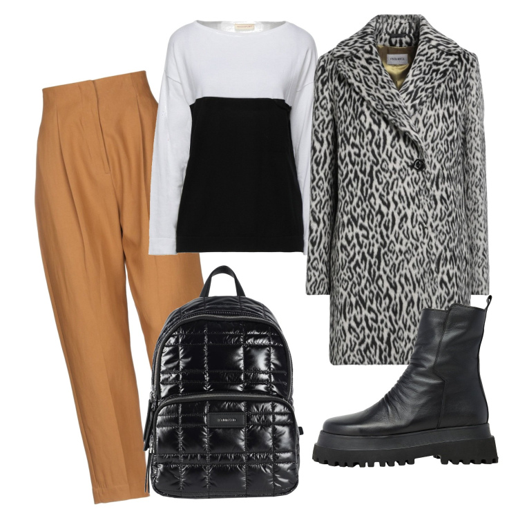 Outfit donna - Bianco nero e tabacco. Stile Chic per Tutti i giorni. Abbinamento con pantaloni, stivaletti, pullovers, cappotti, zaini.