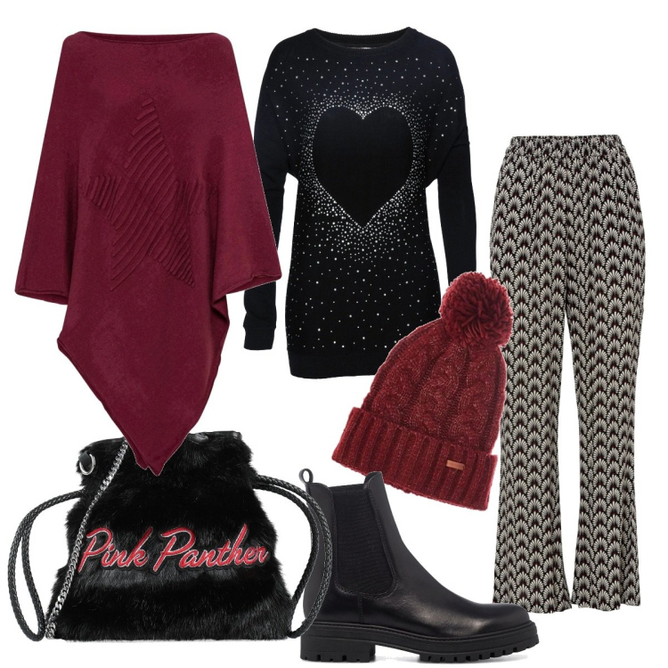 Outfit donna - Cuore nella sera. Stile Trendy per Serata fuori. Abbinamento con pullovers, pantaloni, cappotti, borse a mano, stivaletti, cappelli.
