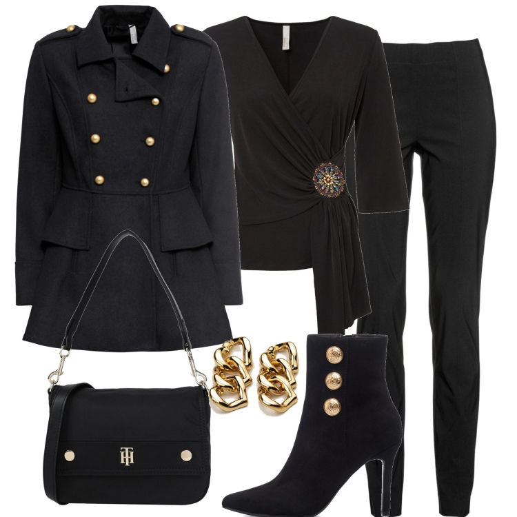 Outfit donna - Il cappotto con i bottoni dorati. Stile Chic per Tutti i giorni. Abbinamento con pantaloni, maglieria, cappotti, borse a mano, orecchini, stivaletti.
