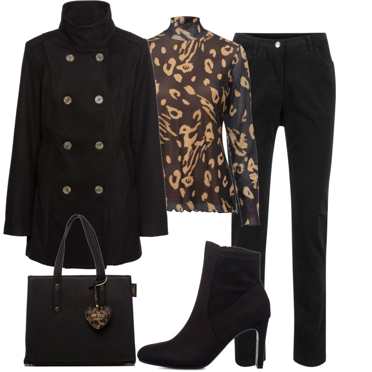 Outfit donna - In città. Stile Casual chic per Tutti i giorni. Abbinamento con pantaloni, caban, maglieria, borse a mano, stivaletti.