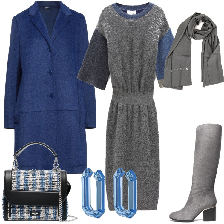 Outfit donna - L’abito in maglia color block. Stile Casual chic per Tutti i giorni. Abbinamento con stivali, cappotti, sciarpe, borse tote, vestiti, orecchini.