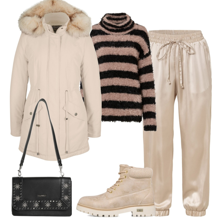 Outfit donna - In città. Stile Urban per Tutti i giorni. Abbinamento con borse a spalla, pantaloni, parka, maglieria, stivaletti.