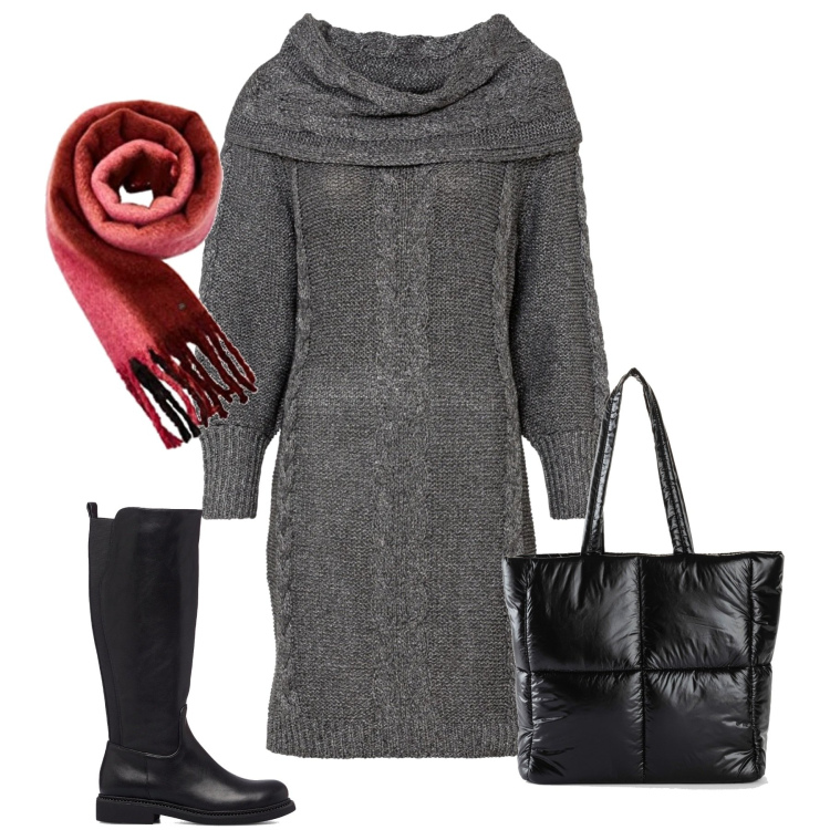Outfit donna - Il vestito per l\'inverno. Stile Casual per Scuola/Università. Abbinamento con shopping bag, shopping bag, stivali, sciarpe.