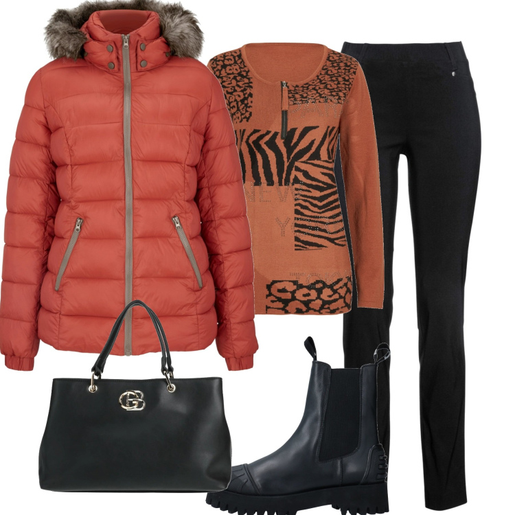 Outfit donna - In città. Stile Basic per Tutti i giorni. Abbinamento con pantaloni, piumini, maglieria, stivaletti, borse a mano.