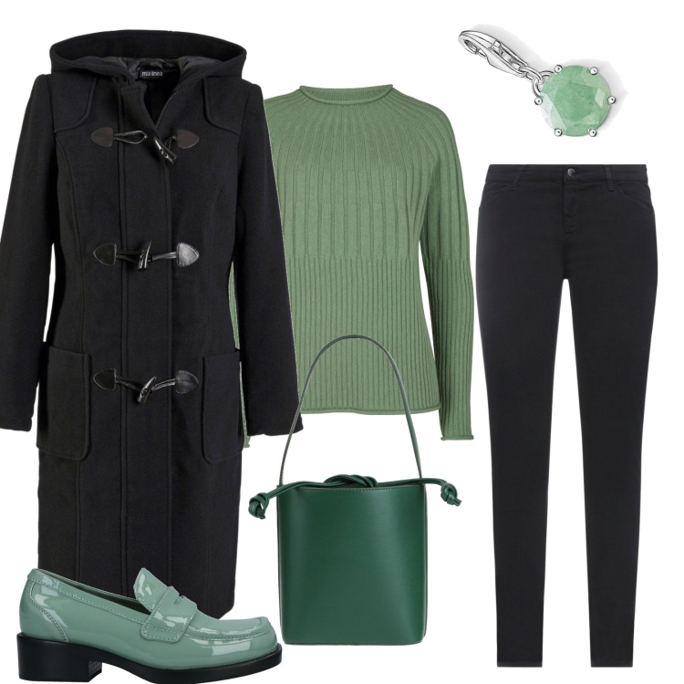 Outfit donna - Verde. Stile Casual per Tutti i giorni. Abbinamento con montgomery, maglieria, pantaloni, mocassini, borse a mano, ciondoli.