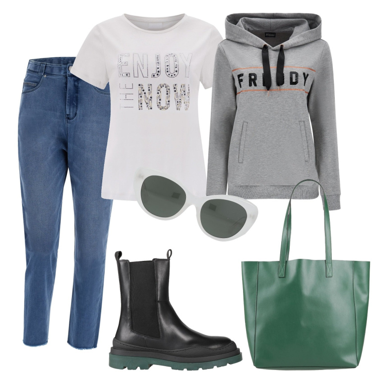 Outfit donna - Jeans e felpa. Stile Casual per Tutti i giorni. Abbinamento con stivaletti chelsea, borse a spalla, occhiali da sole, felpe con cappuccio, jeans, t-shirt.