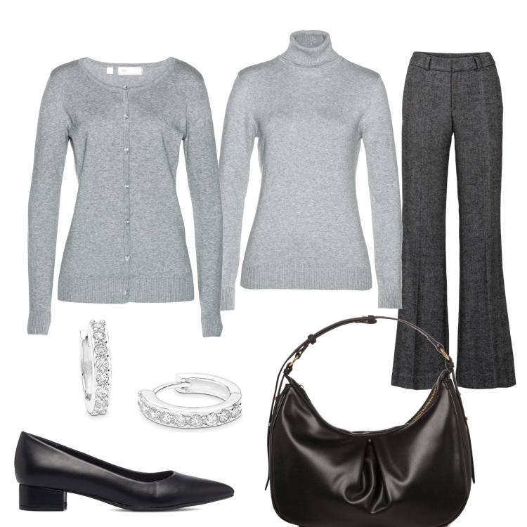 Outfit donna - In grigio chic. Stile Bon Ton per Tutti i giorni. Abbinamento con pantaloni a palazzo, maglieria, cardigans, décolleté, borse a spalla, orecchini.