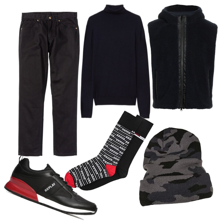 Outfit uomo - Nota di rosso. Stile Trendy per Tutti i giorni. Abbinamento con pantaloni, cappotti, pullovers, sneakers, berretti, calzini.