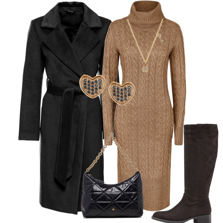 Outfit donna - In città. Stile Casual chic per Tutti i giorni. Abbinamento con stivali, vestiti midi/longuette, cappotti, collane, orecchini, borse a tracolla.