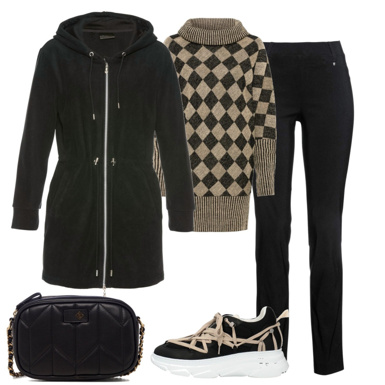 Outfit donna - In città. Stile Urban per Tutti i giorni. Abbinamento con pantaloni, maglieria, cappotti, sneakers, borse a tracolla.