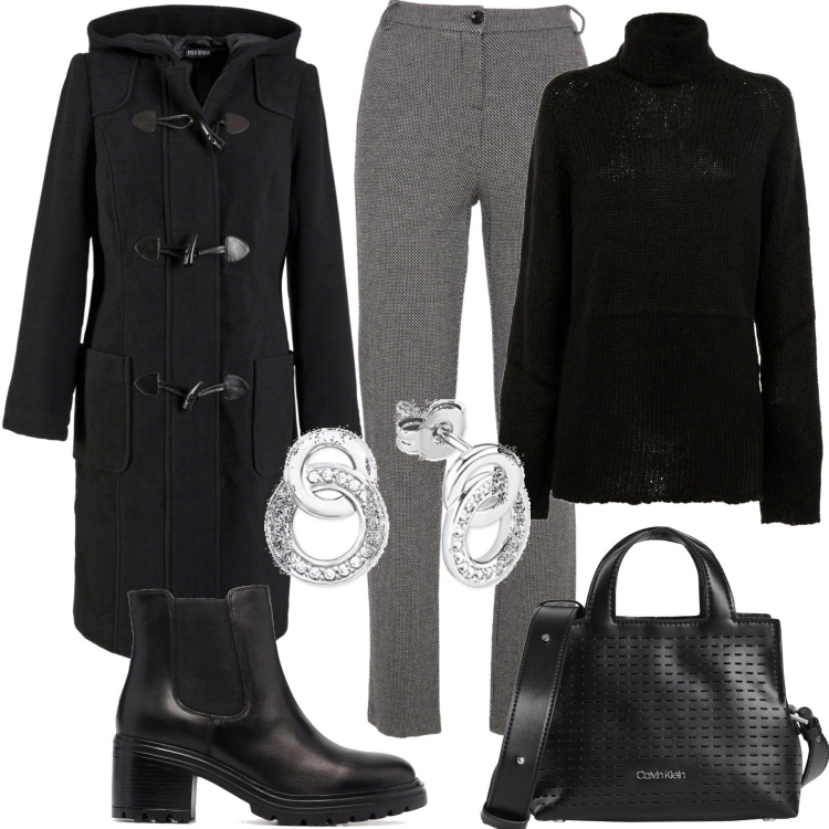 Outfit donna - Casual a gennaio. Stile Casual per Tutti i giorni. Abbinamento con montgomery, borse a mano, pantaloni, maglieria, stivaletti chelsea, orecchini.
