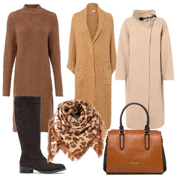 Outfit donna - Total look #1514705. Stile Basic per Ufficio. Abbinamento con stivali, cappotti, vestiti asimmetrici, cardigans, sciarpe, borse a mano.