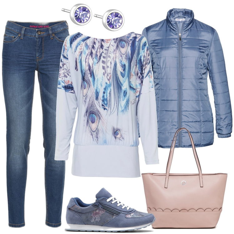 Outfit donna - Blu casual. Stile Casual per Tutti i giorni. Abbinamento con jeans skinny, maglieria, giacche, sneakers, orecchini, borse a spalla.